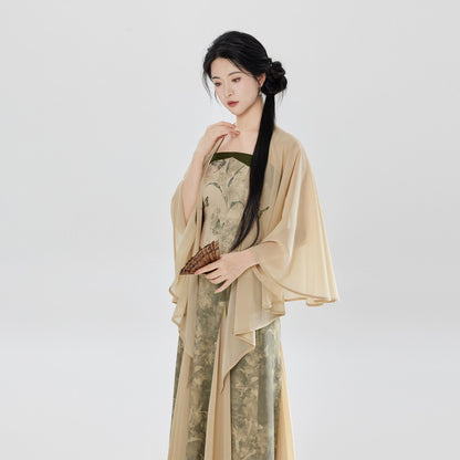 Lilies | Modern Chinese Zen Embroidered Chiffon Shawl Top and Skirt Set