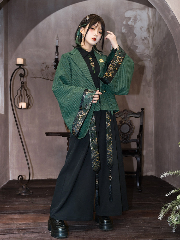 New Chinese Style Wide Sleeve Green Jacket - Shengqing 升卿