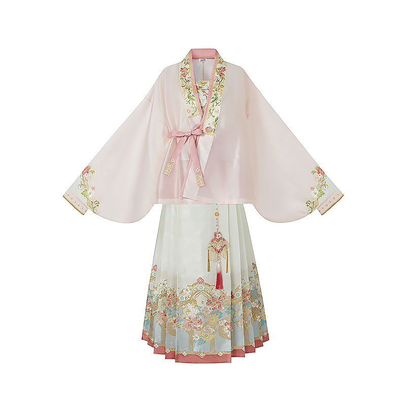 Ming Dynasty Spring Hanfu Set with Pink Mamian Skirt for Women | Peach Blossoms of Antiquity 博古桃花
