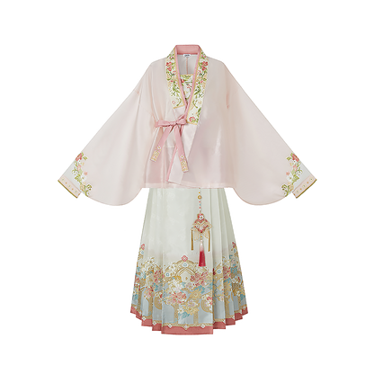 Ming Dynasty Spring Hanfu Set with Pink Mamian Skirt for Women | Peach Blossoms of Antiquity 博古桃花