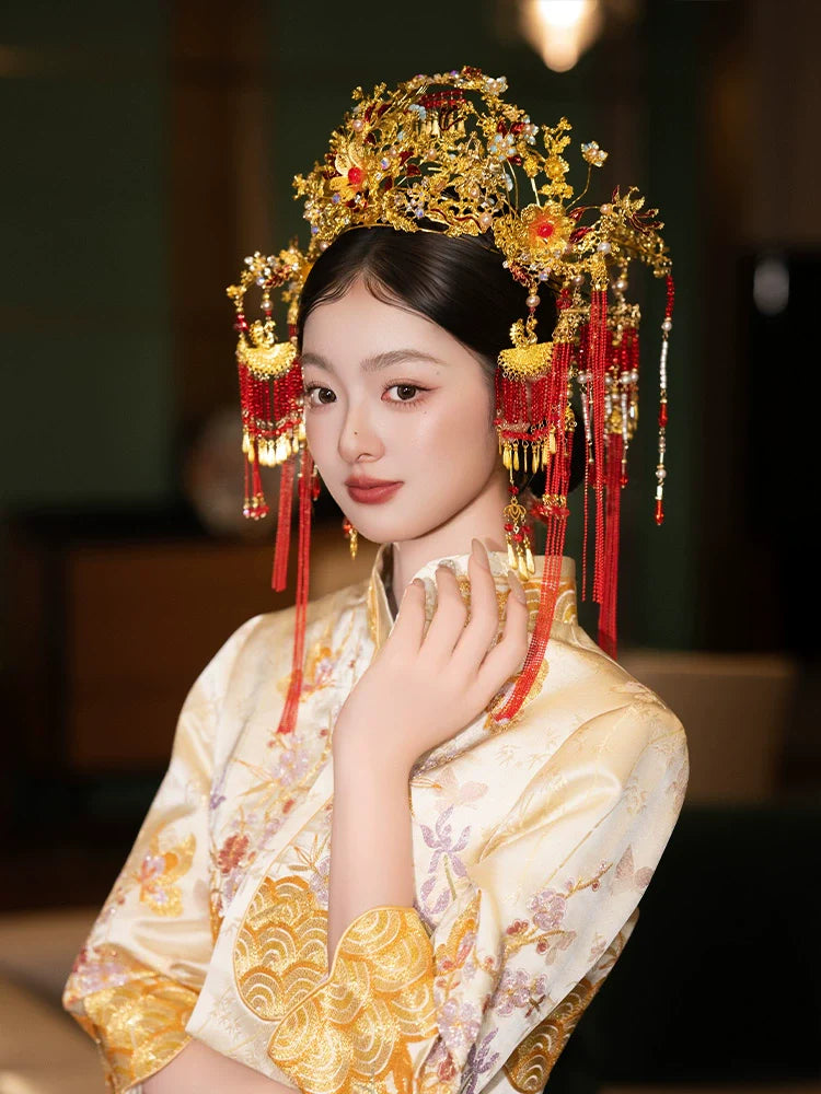 Golden Phoenix Grace - Luxury Phoenix Crown Bridal Headpiece Red Tassel and Gold Flower Chinese Wedding Hair Accessories for Xiuhe Dress