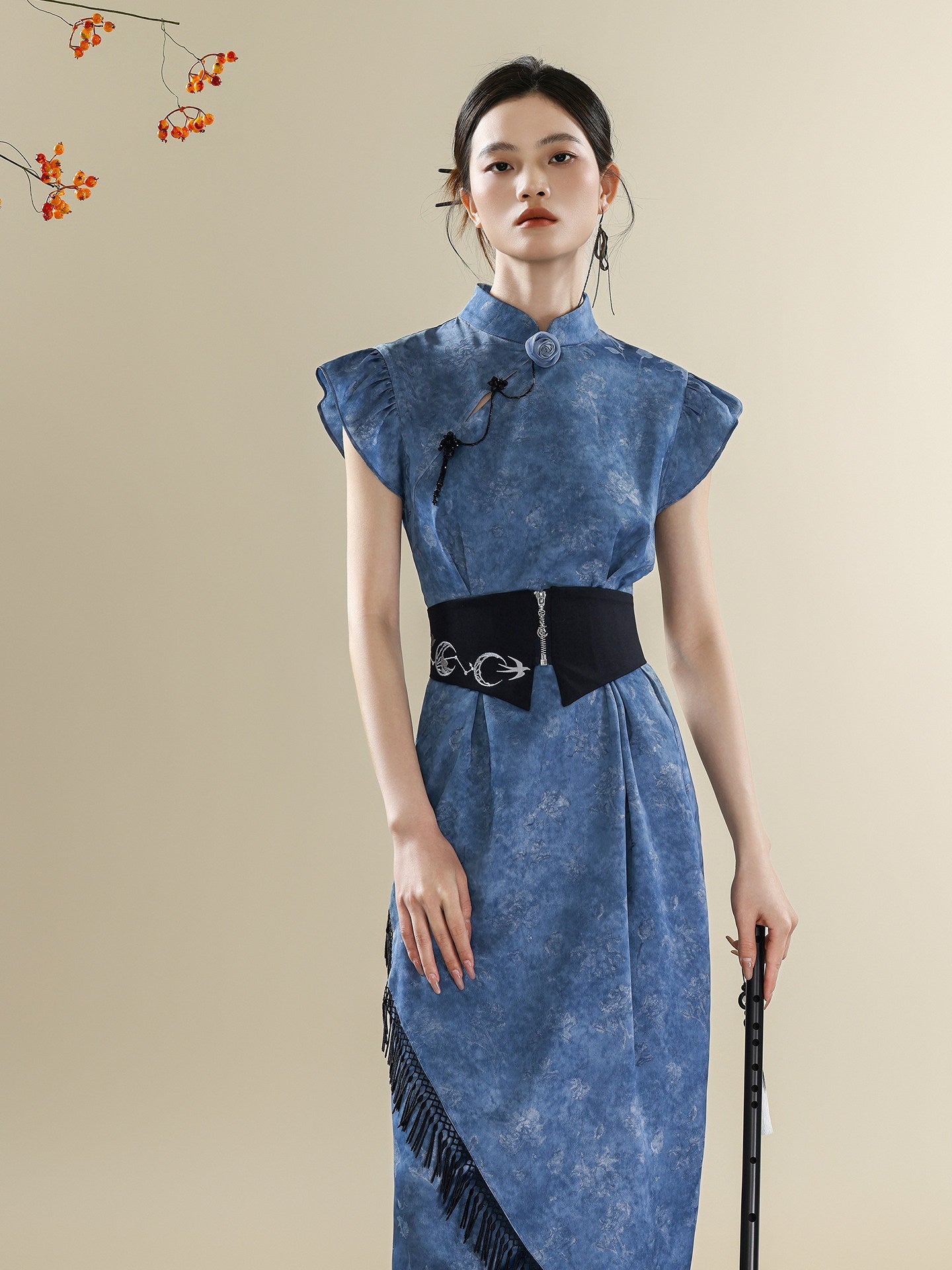 Blue Tie-Dye Modern Qipao Dress | Mandarin Collar Tassel Cheongsam