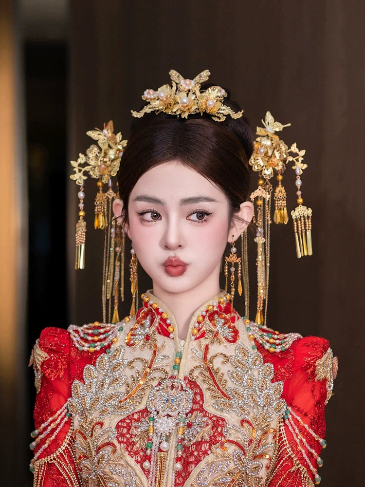Golden Butterfly - Tassel Bridal Hairpin Traditional Chinese Wedding Headpiece for Xiuhe Dress
