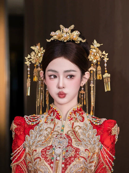 Golden Butterfly - Tassel Bridal Hairpin Traditional Chinese Wedding Headpiece for Xiuhe Dress