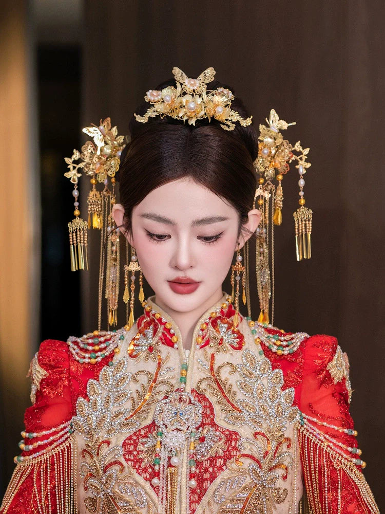 Golden Butterfly - Tassel Bridal Hairpin Traditional Chinese Wedding Headpiece for Xiuhe Dress