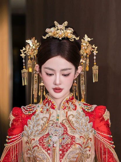 Golden Butterfly - Tassel Bridal Hairpin Traditional Chinese Wedding Headpiece for Xiuhe Dress