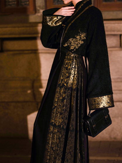 Ming Dynasty Modern Hanfu Black Gold Thread Embroidered Mamian Skirt & Crop Jacket | Niannian 年年