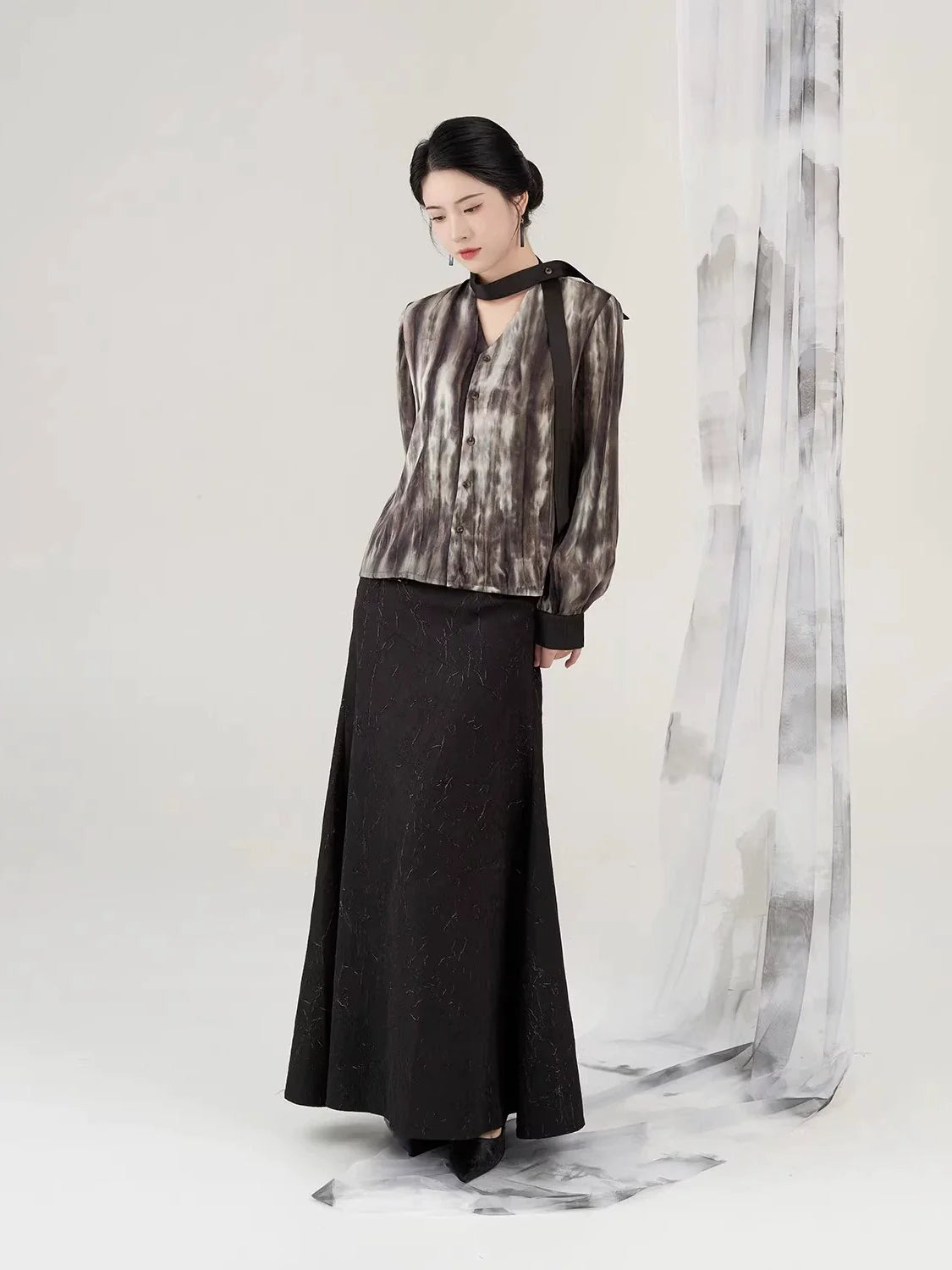 New Chinese Style Women Tailored Blazer Coat, Long Sleeve Shirt & Gold Button Mermaid Skirt - Jiangpu 江浦 (Preorder)