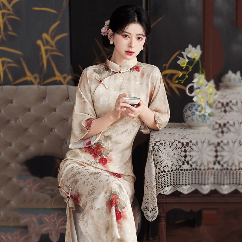 Mid Sleeve Floral Long Cheongsam | Vintage