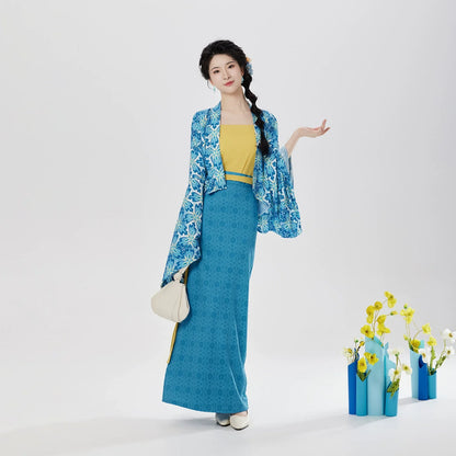 Song Dynasty Modern Hanfu Set with Famen Temple Beizi and Spiral Skirt - Coconut Wind Forest 椰风林 (Preorder)