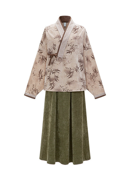 Ming Dynasty Modern Hanfu Winged Sleeve Top with Elastic Skirt - Oz Brown 绿野仙棕 (Preorder)