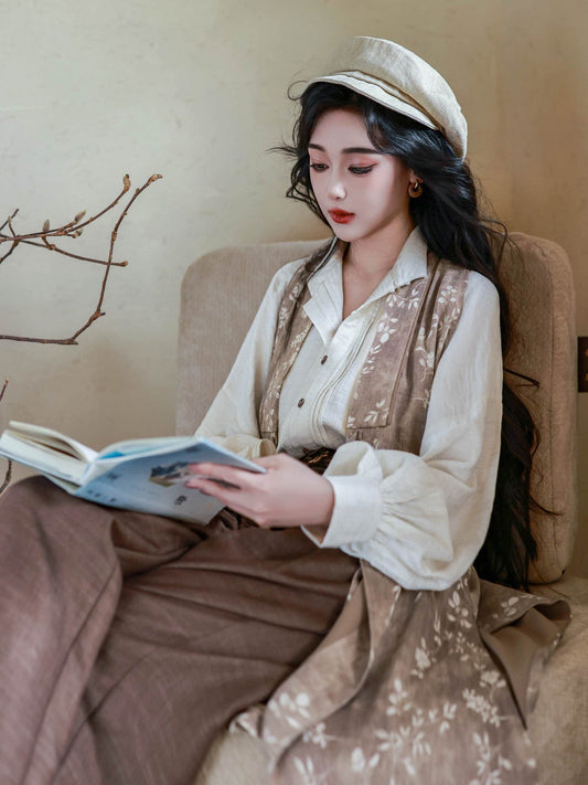 Chinese Sleeveless Robe with Cotton Linen Top & Wide Leg Pants | Southern French Holiday 南法假日