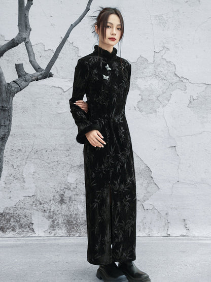 New Chinese Style Bamboo Leaf Embossed Slit Cheongsam Dress - Rongyue 溶月