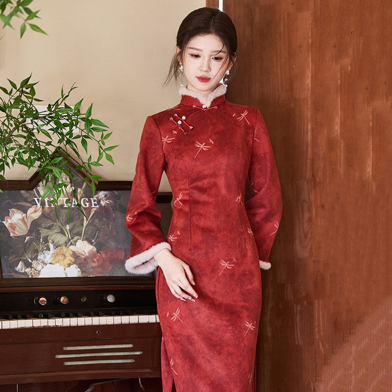 Chinese Wedding Engagement & Tea Ceremony Long Sleeve Cheongsam | Dragonfly