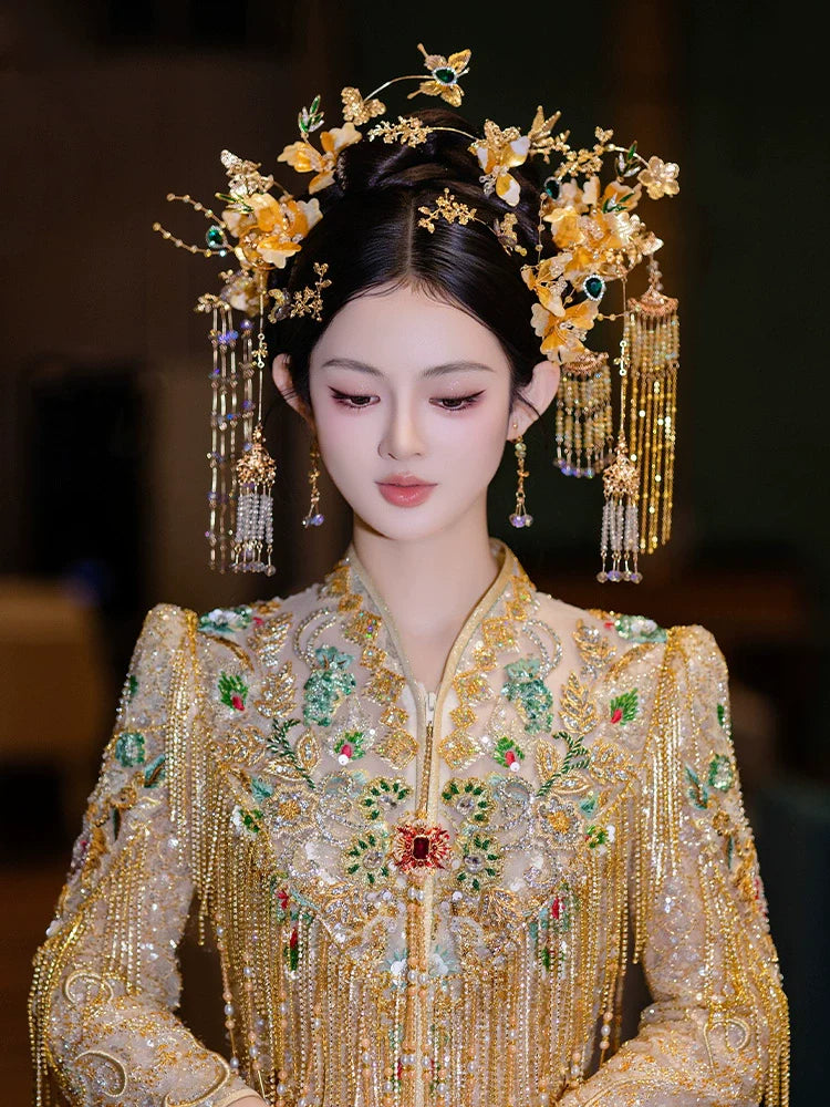 Radiance - Golden Floral Tassel Bridal Hairpin Elegant Fairy-Inspired Hanfu and Qipao Wedding Hair Accessory