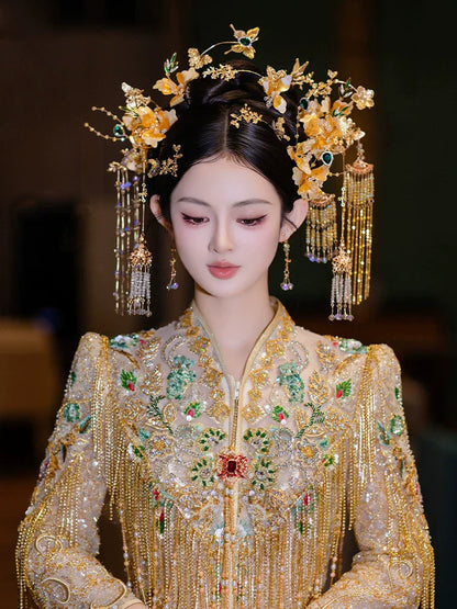 Radiance - Golden Floral Tassel Bridal Hairpin Elegant Fairy-Inspired Hanfu and Qipao Wedding Hair Accessory