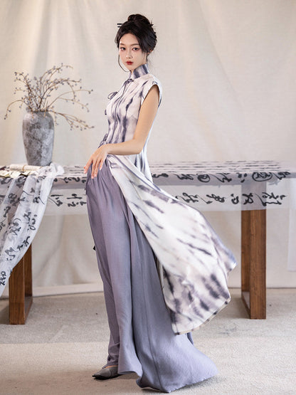 New Chinese Style Sleeveless Tie Dye Cheongsam Dress in Grey - Misty Clouds 云烟 (Preorder)