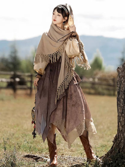 Golden Dunes | Modern Chinese Hanfu Set with Shawl Top and Suspender Dress