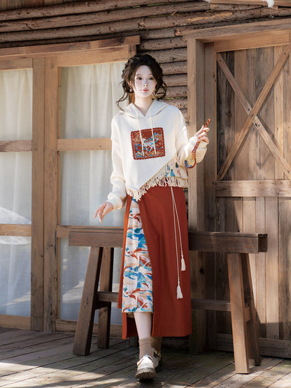 New Chinese Dunhuang Style Hooded Sweater and Wrap Skirt - Singing Deer 鹿鸣