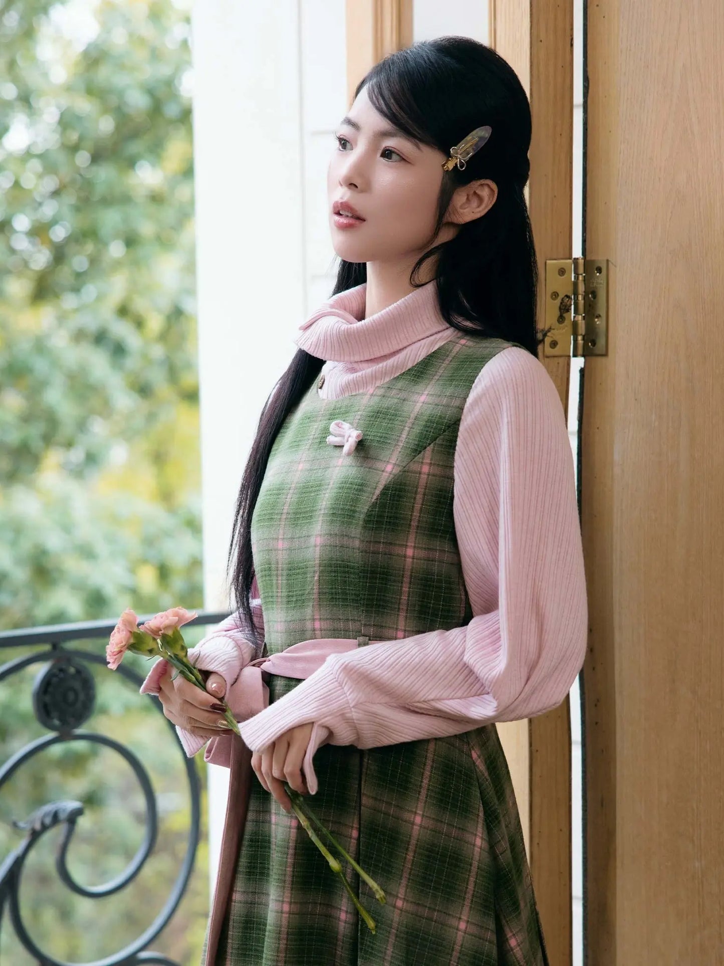 New Chinese Style Plaid Vintage Jacket with Dress - Honey Four Leaf Clover 蜂蜜四叶草