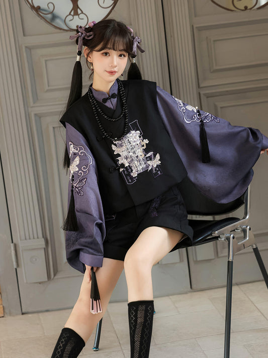 New Chinese Style Pipa Sleeve Top and Shorts - Yanmoyin 砚墨引