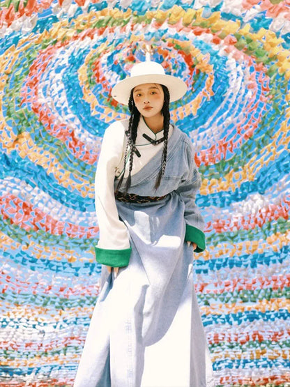 Blue Plateau - Women Tibetan Costume Improved Denim Robe for Photography & Festivals