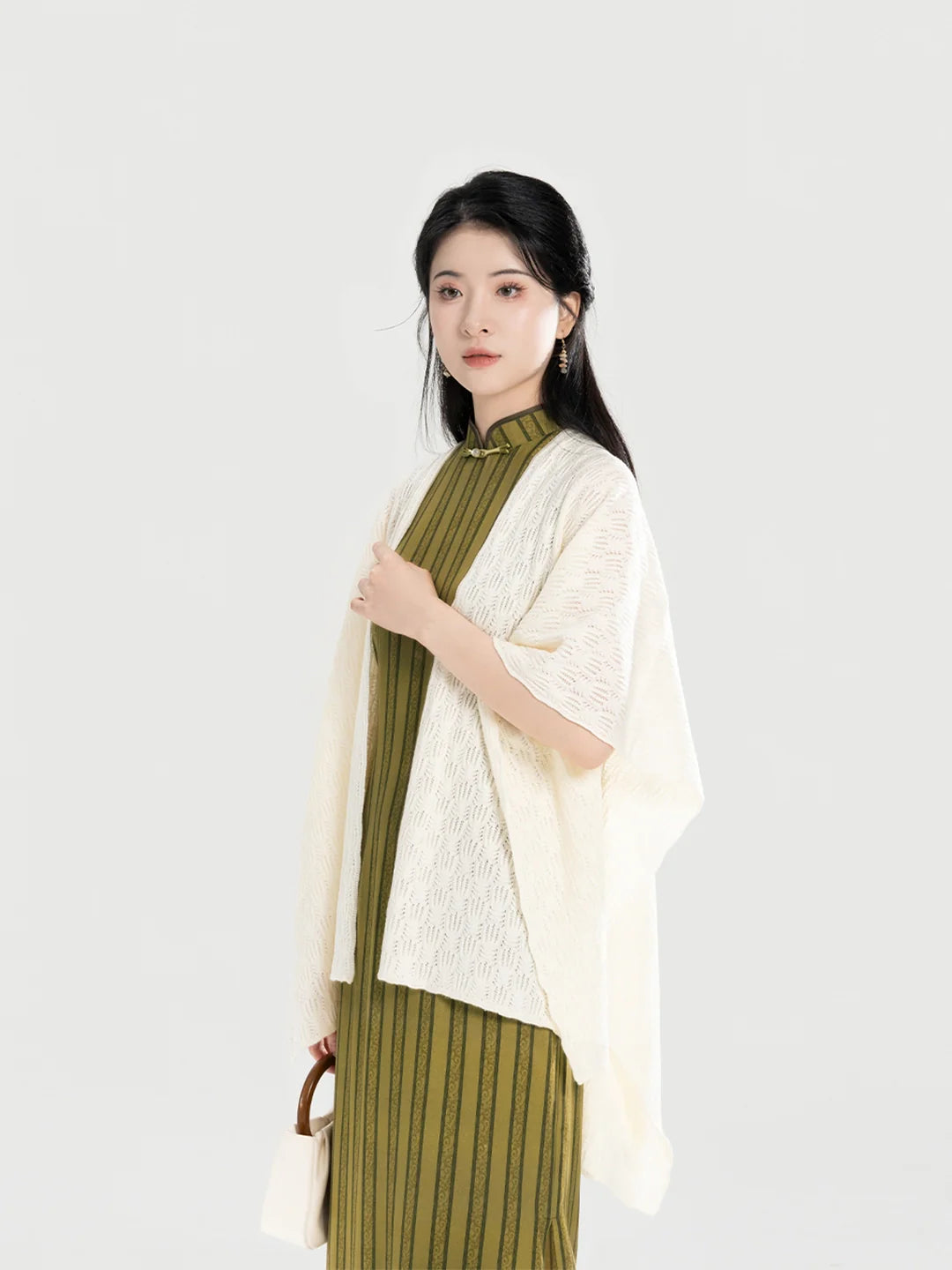 New Chinese Style Sleeveless Qipao Cloud-Motif Dress with Merino Wool Knit Shawl - Jade Willow 玉柳 (Preorder)