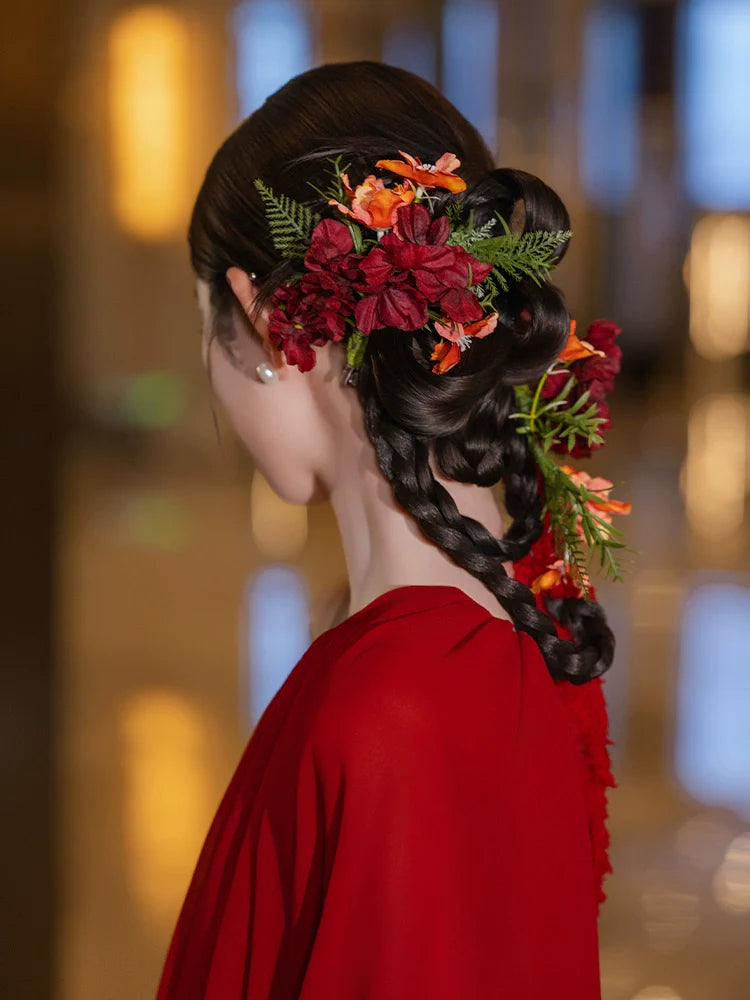 Scarlet Moon - Red Floral Bridal Hair Clips Retro Chinese Wedding Hair Accessories for Qipao and Cheongsam Dress