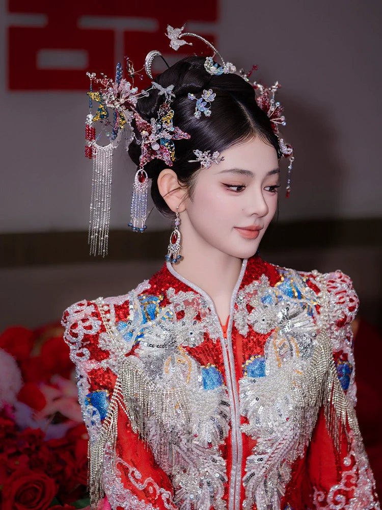Moonlight - Silver Butterfly and Red Flower Bridal Hairpin Traditional Chinese Wedding Hair Accessories