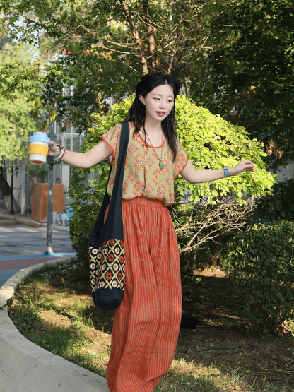 Peach Blossom 桃之夭夭 - Tang-Style Hanfu Half-Sleeve Top with Linen Pants (Preorder)