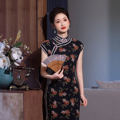 Short Sleeve Floral Long Cheongsam | Yingshan