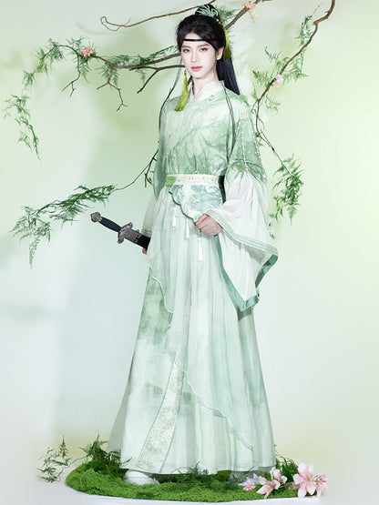 Fuyun 扶筠 - Round-Collar Embroidered Green Wide-Sleeve Xianxia Hanfu Set (Preorder)