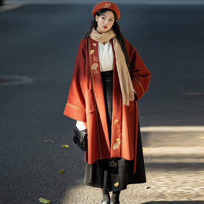 Song Dynasty Modern Hanfu Ginkgo Embroidery Autumn and Winter Jacket and Spiral Skirt - Yiyeqiu 一叶秋 (Preorder)