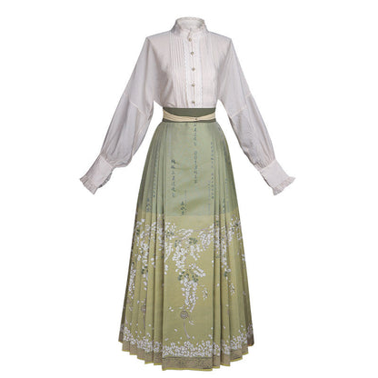 Ming Dynasty Modern Hanfu Long Sleeve Shirt with Mamianqun - Acacia Flower 咏槐花