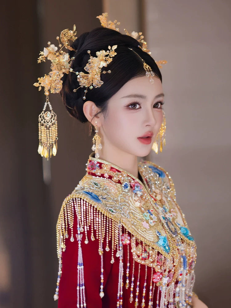 Champagne - Bridal Hair Accessories Elegant Chinese Wedding Headpiece with Tassels and Forehead Pendant for Xiuhe and Hanfu