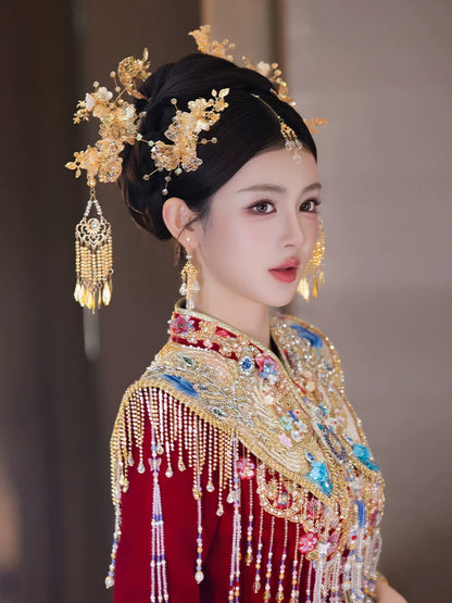 Champagne - Bridal Hair Accessories Elegant Chinese Wedding Headpiece with Tassels and Forehead Pendant for Xiuhe and Hanfu