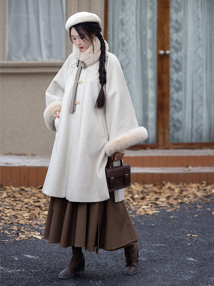 Ming Dynasty Modern Hanfu Coat and Wrap Skirt for Autumn and Winter - Cappuccino 卡布奇诺