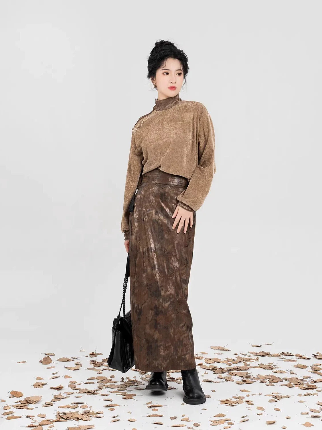 New Chinese Style Women Embroidered Velvet High-Neck Top & Spiral Skirt - Twilight 暮也 (Preorder)