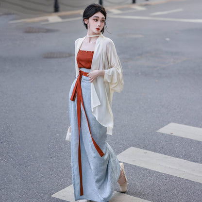 Song Dynasty Modern Hanfu Winged Sleeve Top and Spiral Skirt - Misty Rain 等烟雨 (Preorder)