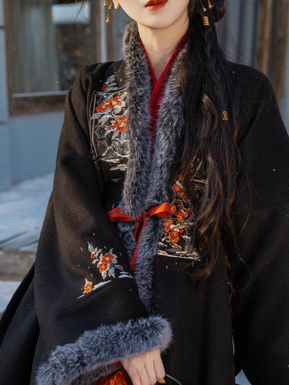Song Dynasty Modern Hanfu Velvet Robe and Wrap Skirt - Guest Amidst the Snow 雪中客 (Preorder)