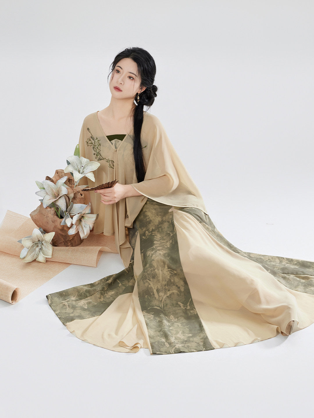 Lilies | Modern Chinese Zen Embroidered Chiffon Shawl Top and Skirt Set