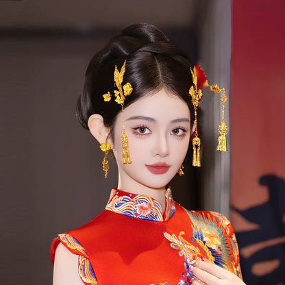 Phoenix Bloom - Chinese Bridal Hair Accessories Set Luxury Gold Dragon Phoenix Tassel Hairpins for Xiuhe and Qun Kwa Wedding Dress