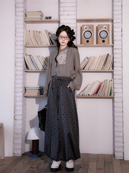Tang Dynasty Modern Hanfu Round Collar Cardigan Linen Blend Top and Bloomers - Ink Like 似墨