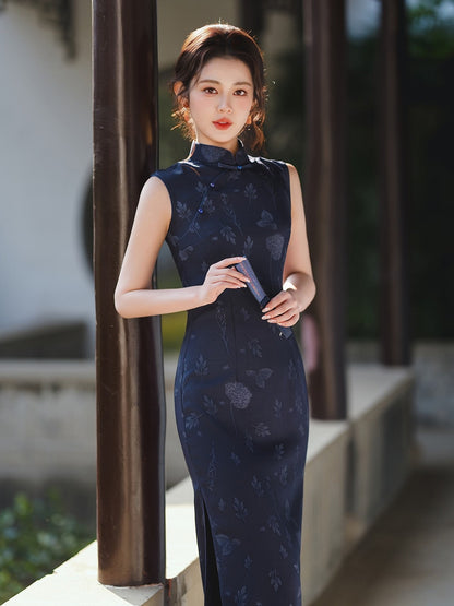 Sleeveless Floral Midi Cheongsam | Deep Sea