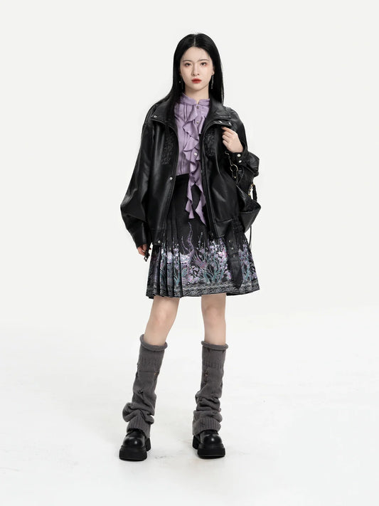 Polar Night Chinese Blouse & Mini Mamian Skirt Outfit - modern Ming-inspired hanfu, front view