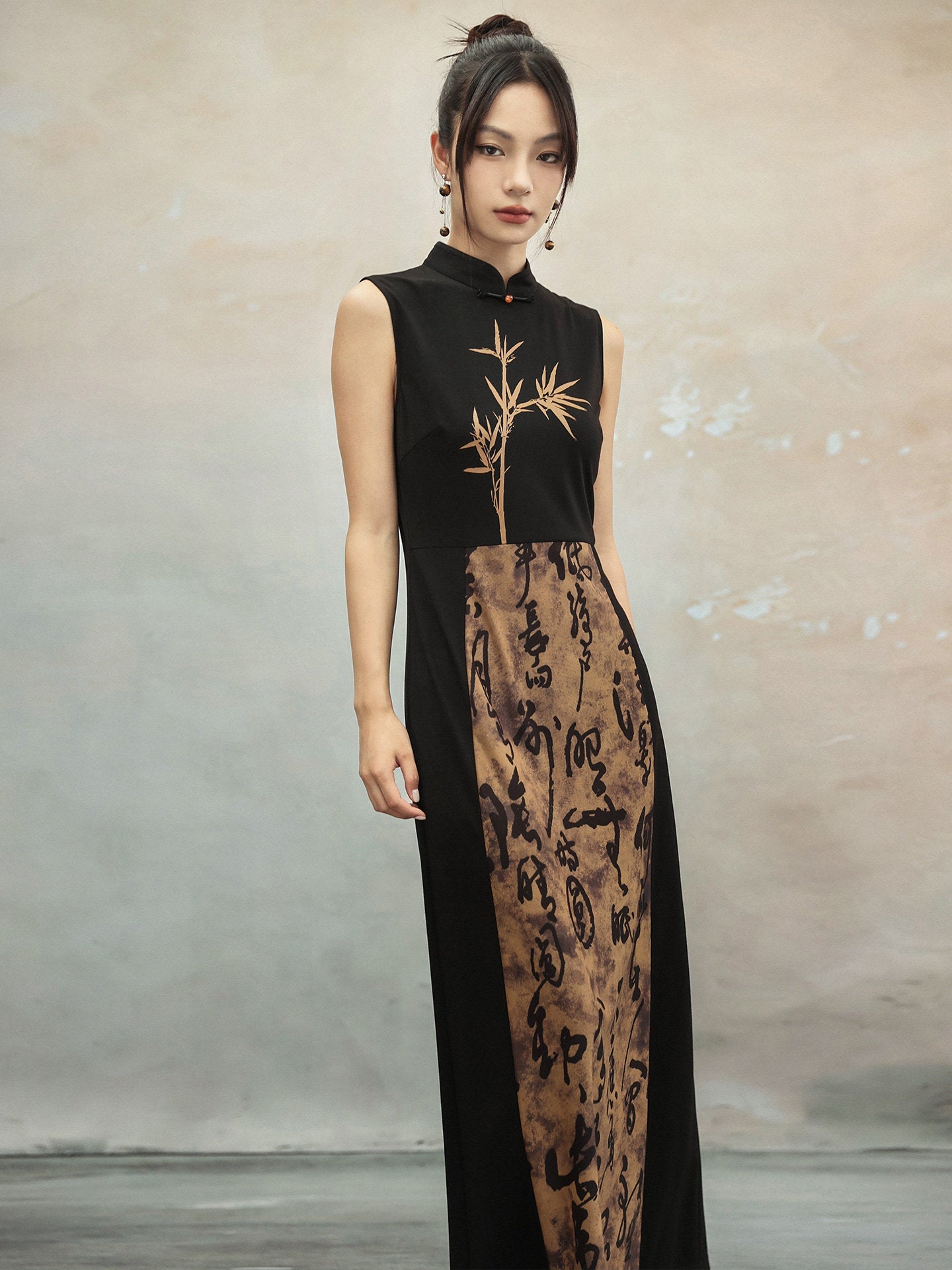 New Chinese Style Retro Bamboo Leaf Calligraphy Print Contrast Cheongsam Dress