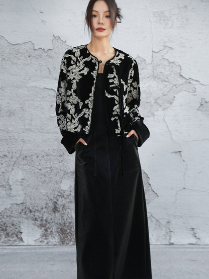 New Chinese Style Contrast Embroidered Velvet Short Jacket