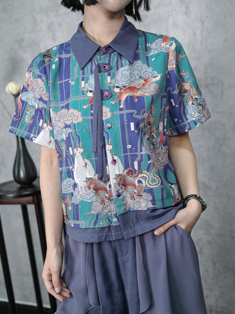 New Chinese Style Short Sleeve Dunhuang Print Shirt - Phantom World 幻世集