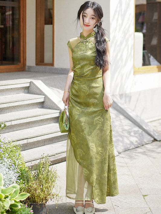Jade Mountain sleeveless A-line long cheongsam qipao — detail view