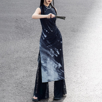 New Chinese Style Meteor Knitted Cheongsam Sleeveless Dress - Night Galaxy 暗夜星河 (Preorder)